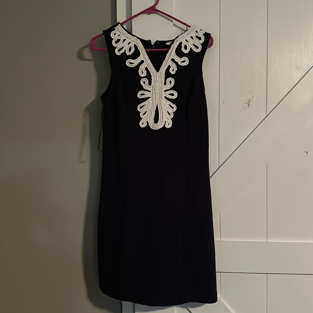 Crown & Ivy Navy Midi Dress with White Embroidery